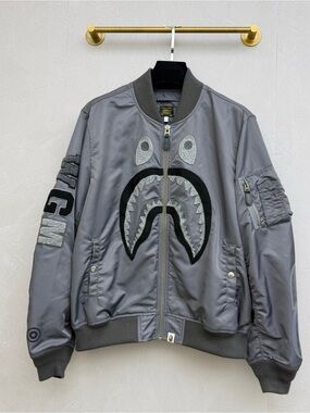 🚩steal Bape Gray Shark Bomber Jacket with Embroidered Face